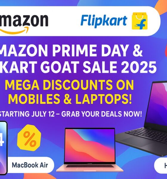 Vibrant display of iPhone 16, Samsung Galaxy S24, MacBook Air, and HP Omen on a colorful background with blue and purple swirls, featuring Amazon and Flipkart logos, promoting the July 12, 2025, sales.