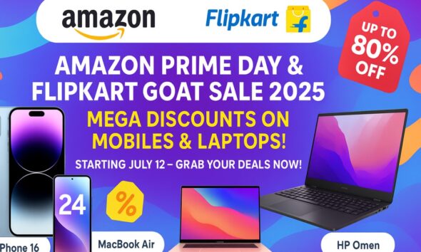 Vibrant display of iPhone 16, Samsung Galaxy S24, MacBook Air, and HP Omen on a colorful background with blue and purple swirls, featuring Amazon and Flipkart logos, promoting the July 12, 2025, sales.