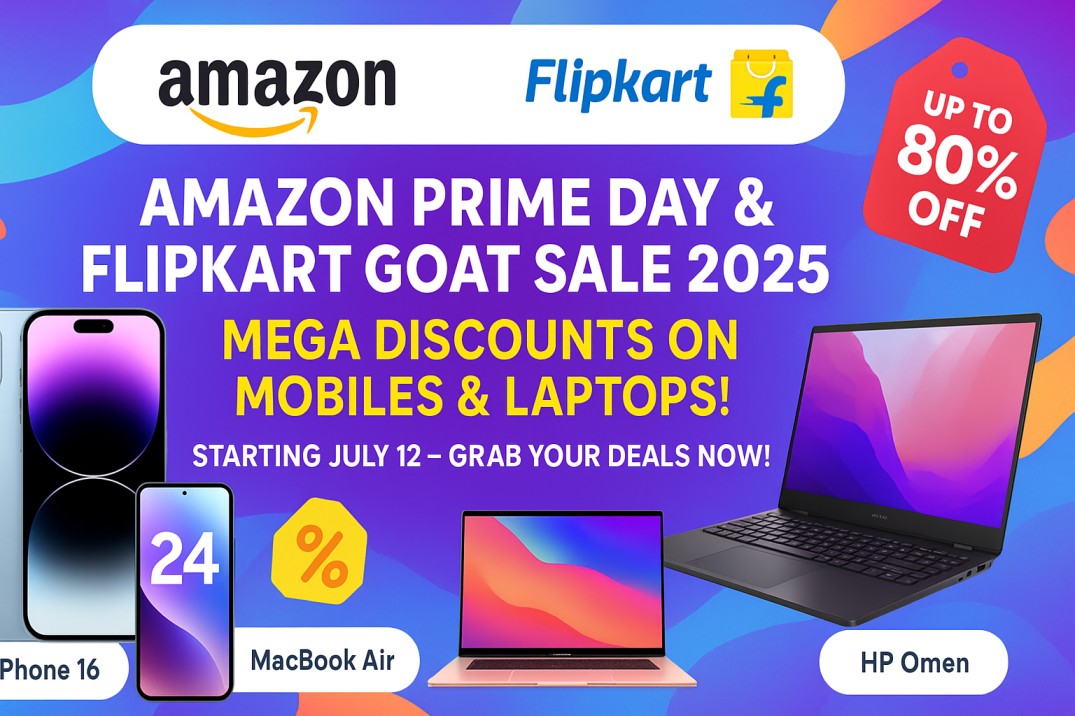 Vibrant display of iPhone 16, Samsung Galaxy S24, MacBook Air, and HP Omen on a colorful background with blue and purple swirls, featuring Amazon and Flipkart logos, promoting the July 12, 2025, sales.